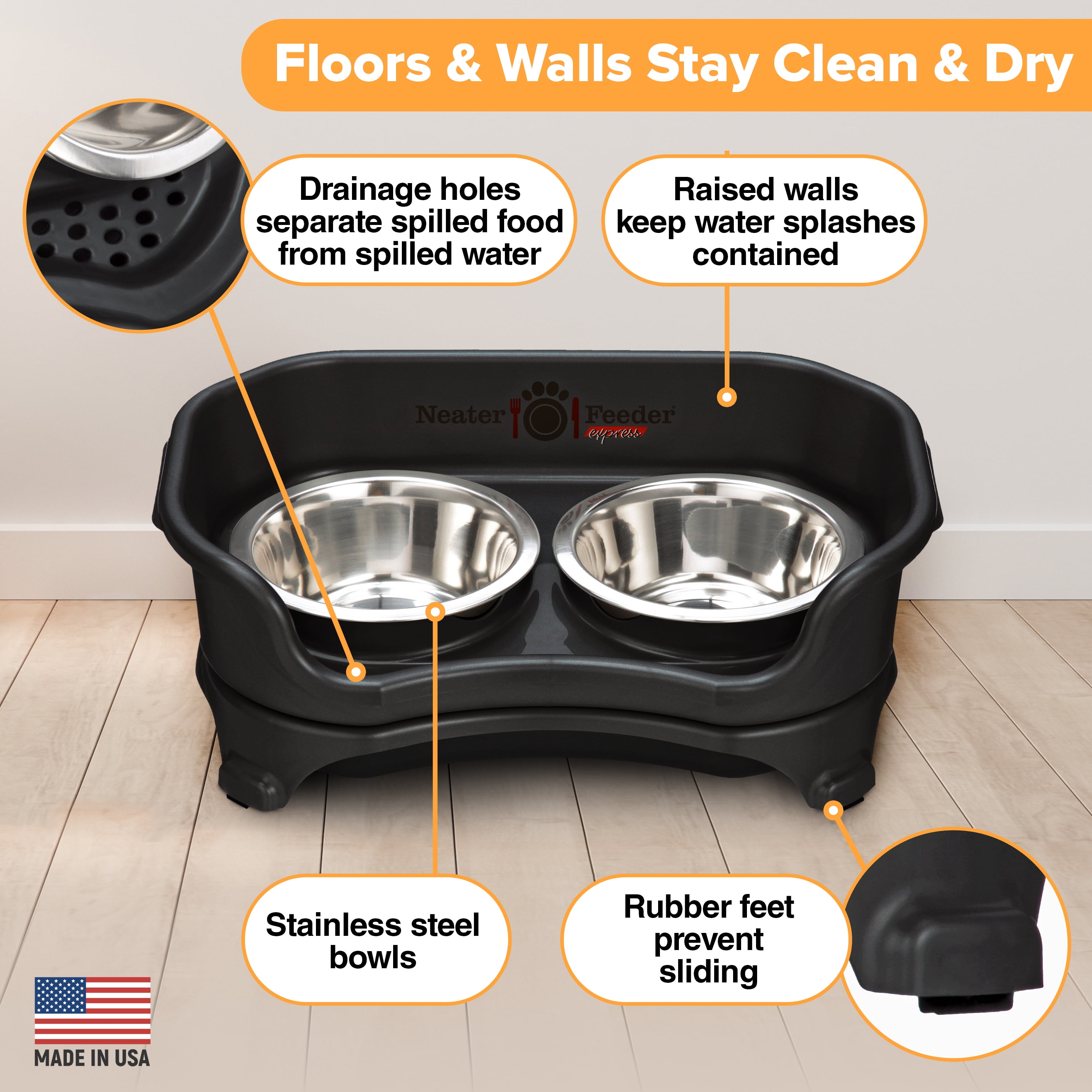 Neater Pets Neater Feeder Express Mess-Proof Elevated Food & Water Bowls for Cats, Black