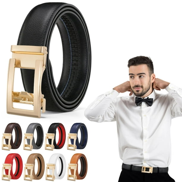 Cinturón de cuero sin agujero para mujer | Cinturón de trinquete automático para mujer y hombre | Ajustable a doble cara de 1,38 pulgadas de ancho | Hebilla de aleación de oro | Negro Azul | Traje