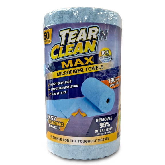 Tear-N-Clean 50 Count Reusable Easy-Tear Microfiber Towels, 12 in x 12 in, For Automotive and Home Use