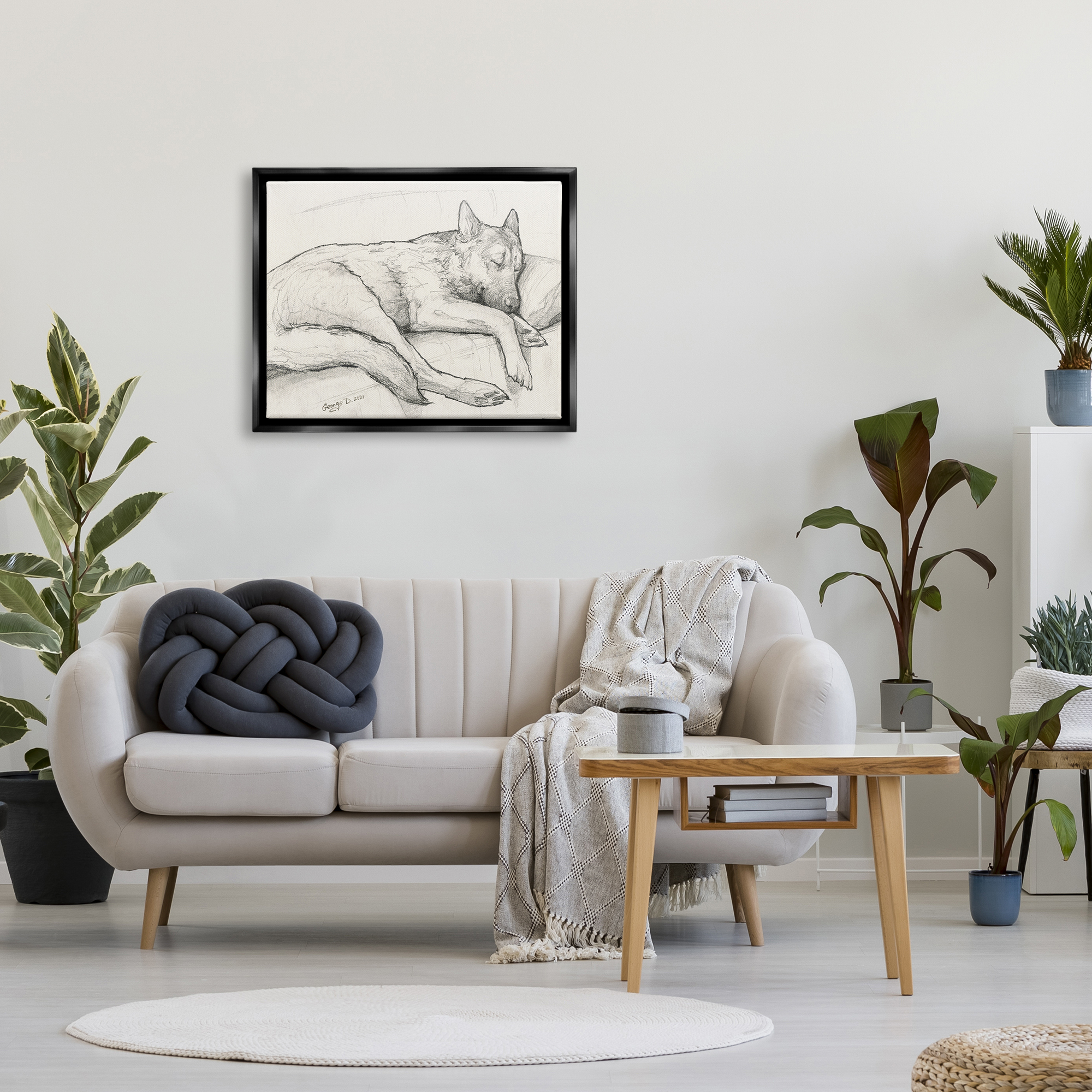 Stupell Industries Dog Curled Up Resting Detailed Graphite Pencil Drawing Drawing Print Jet Black Floating Framed Canvas Print Wall Art, Design by George Dyachenko