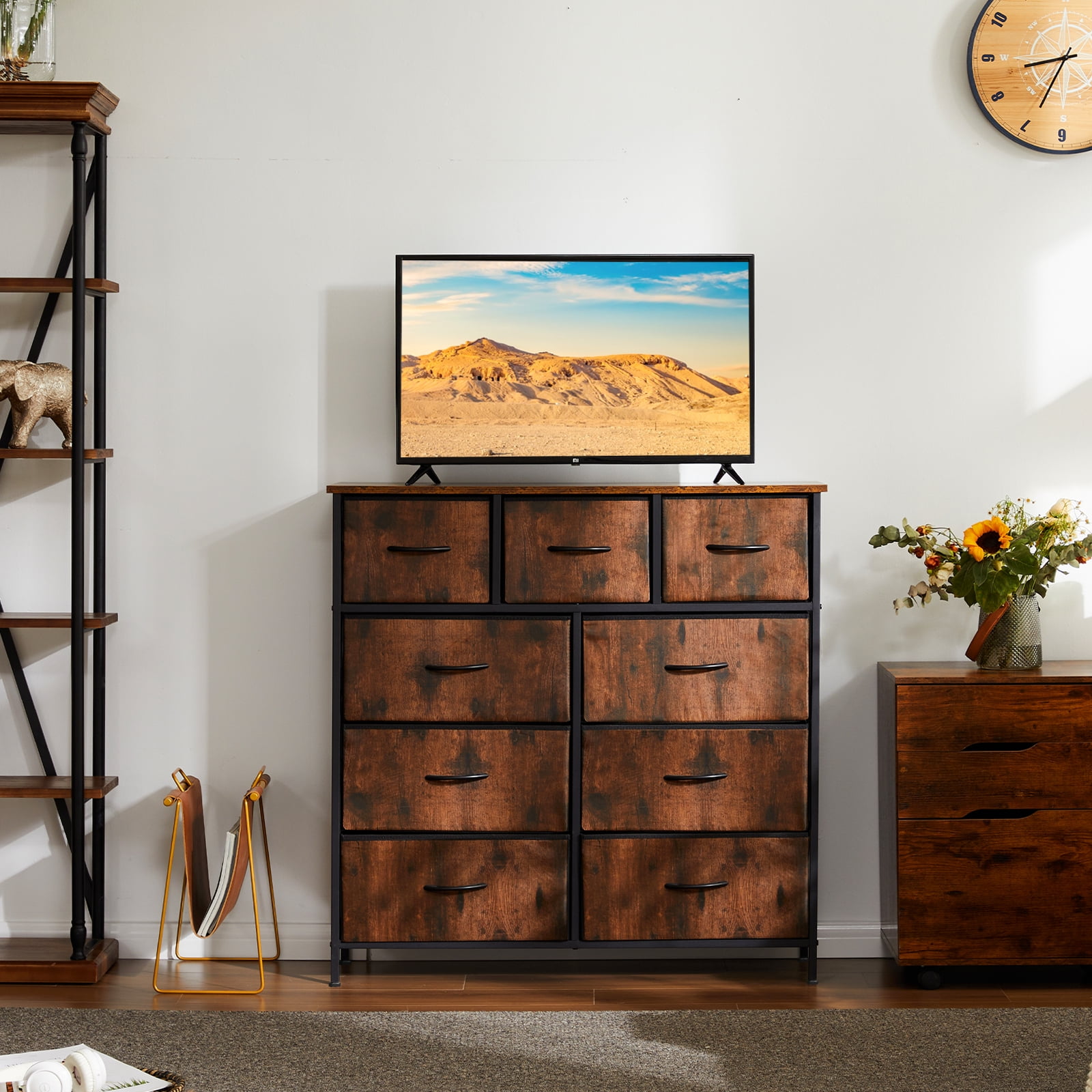 JIOABL 9 Drawer Chest Organizer with Fabric Bins, Dresser for Bedroom, Tall Steel Frame, Rustic Brown