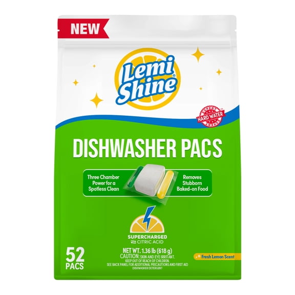 Lemi Shine Automatic Dishwasher Detergent Pods, Fresh Lemon Scent, 52 Ct
