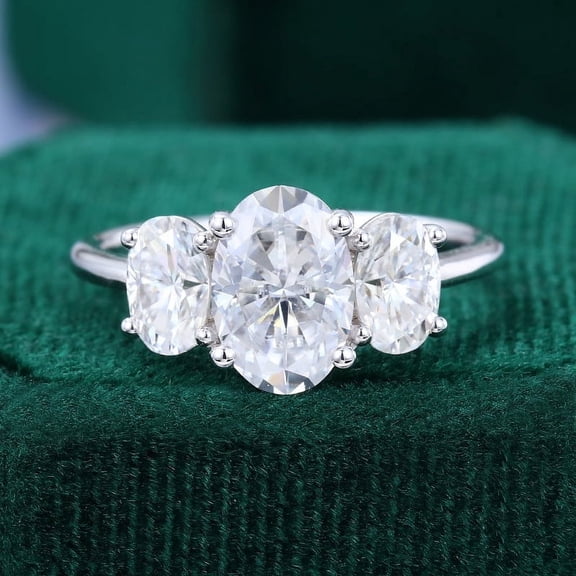 Spot Jewel White Gold Plated 14K Diamond Ring - Oval Cut Excellent 2 Ct Diamond Ring for Women - 3 Stone Engagement Wedding Rings for Her - Trilogy Rings for Women - Gifts - Unique Gift for Her
