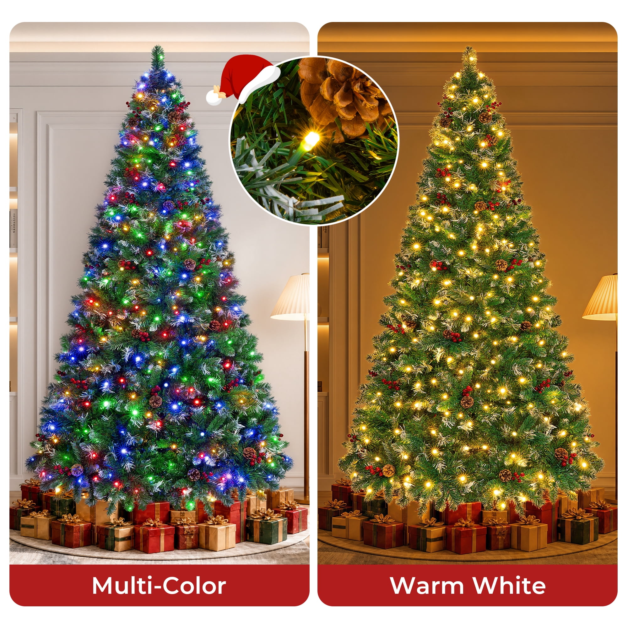 Firstness 6ft Pre-Lit Artificial Christmas Tree with Storage Bag, Warm & Multicolor Xmas Tree with 975 Branch Tips,Pine Cones + Red Berries