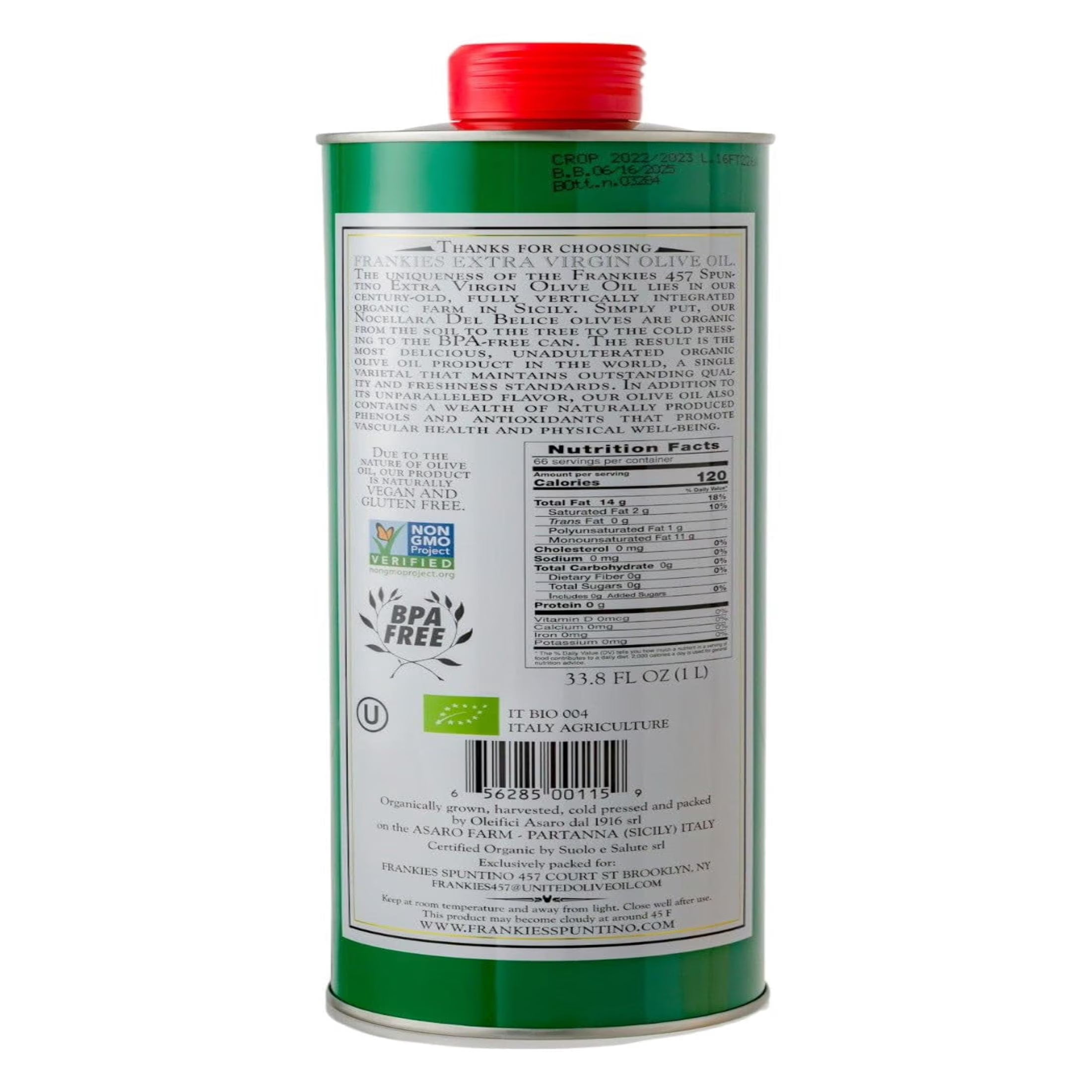 Frankies 457 Organic Extra Virgin Olive Oil - Castelvetrano Olive Oil-High Polyphenol-First Cold Pressed-Early Harvest in Sicily-Award Winning Italian EVOO -Monovarietal- 33.8 fl oz (1L)