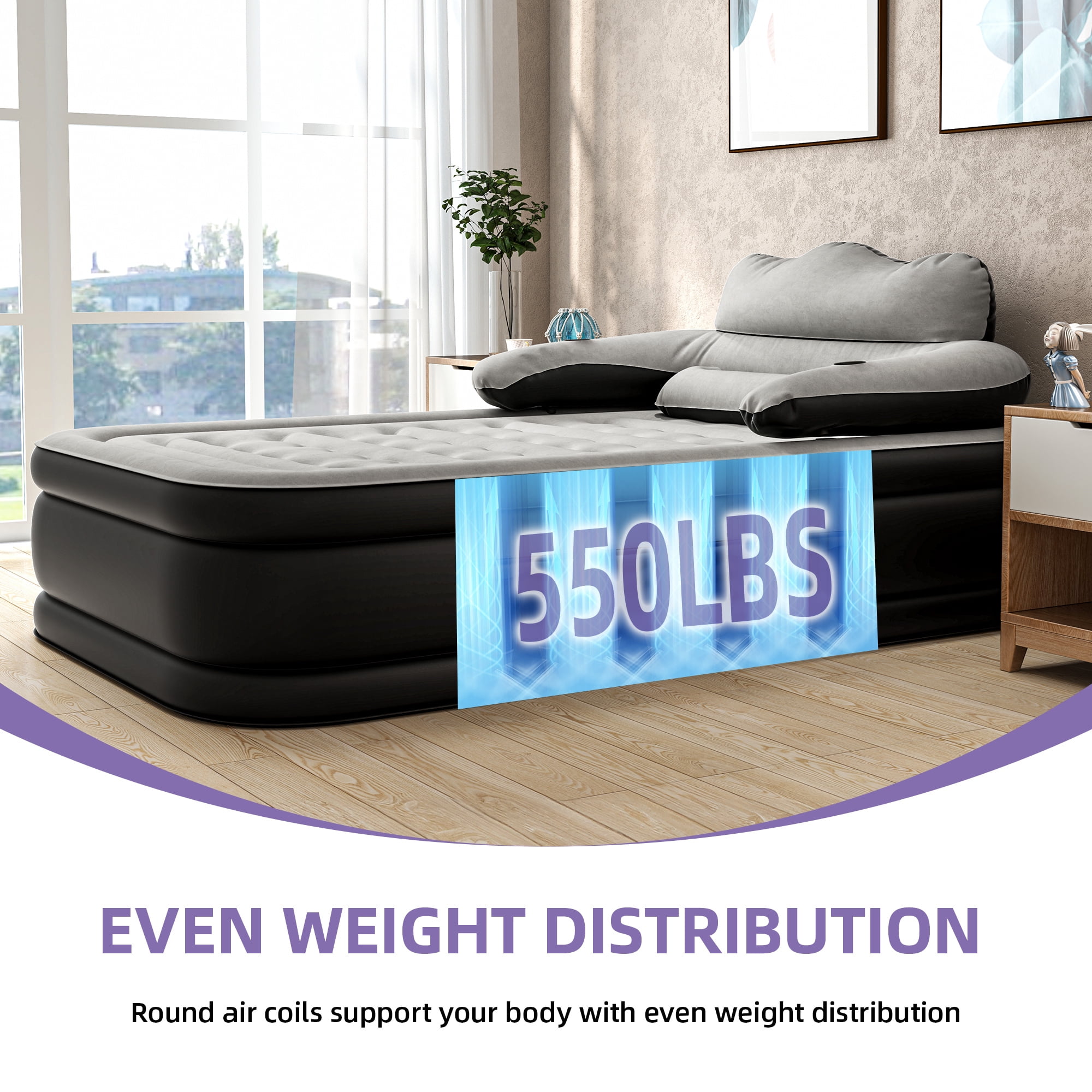 Uforic Full XL Air Mattress with Headboard, 18 Inch Inflatable Bed with Pillow & Removable Electric Pump, Portable Airbed for Camping Home Use, Black