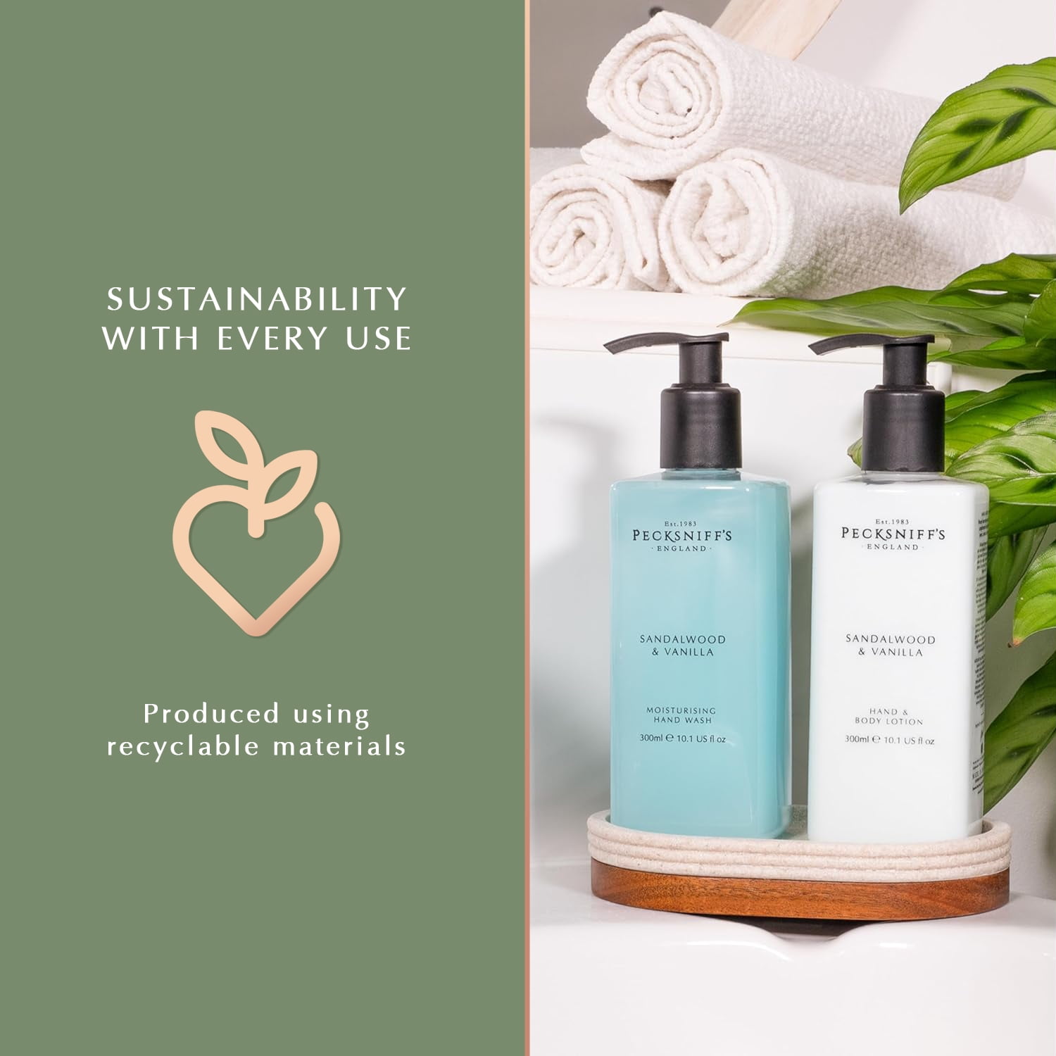 Pecksniffs Sandalwood and Vanilla Moisturizing Hand Wash and Hand Lotion in a Black Mesh Caddy | 300ml/10.14 Fl oz