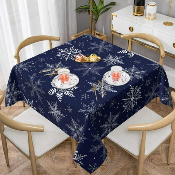 Christmas Tablecloth Square 60×60 Inch Blue Snowflake Winter Table Cloth Water Resistant Fabric Table Covers for Kitchen Dining Small Tablecloth for Party Home Decor