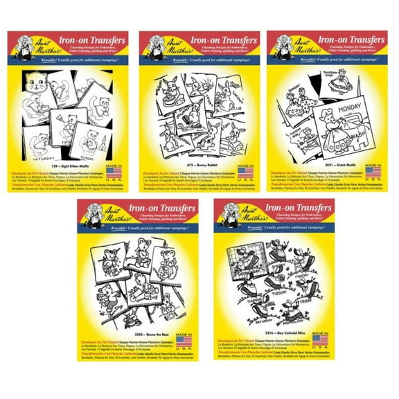 Aunt Martha's Iron On Transfer Patterns for Stitching, Embroidery or Fabric Painting, Patterns for Days of the week Tea Towels, Quantity of 5