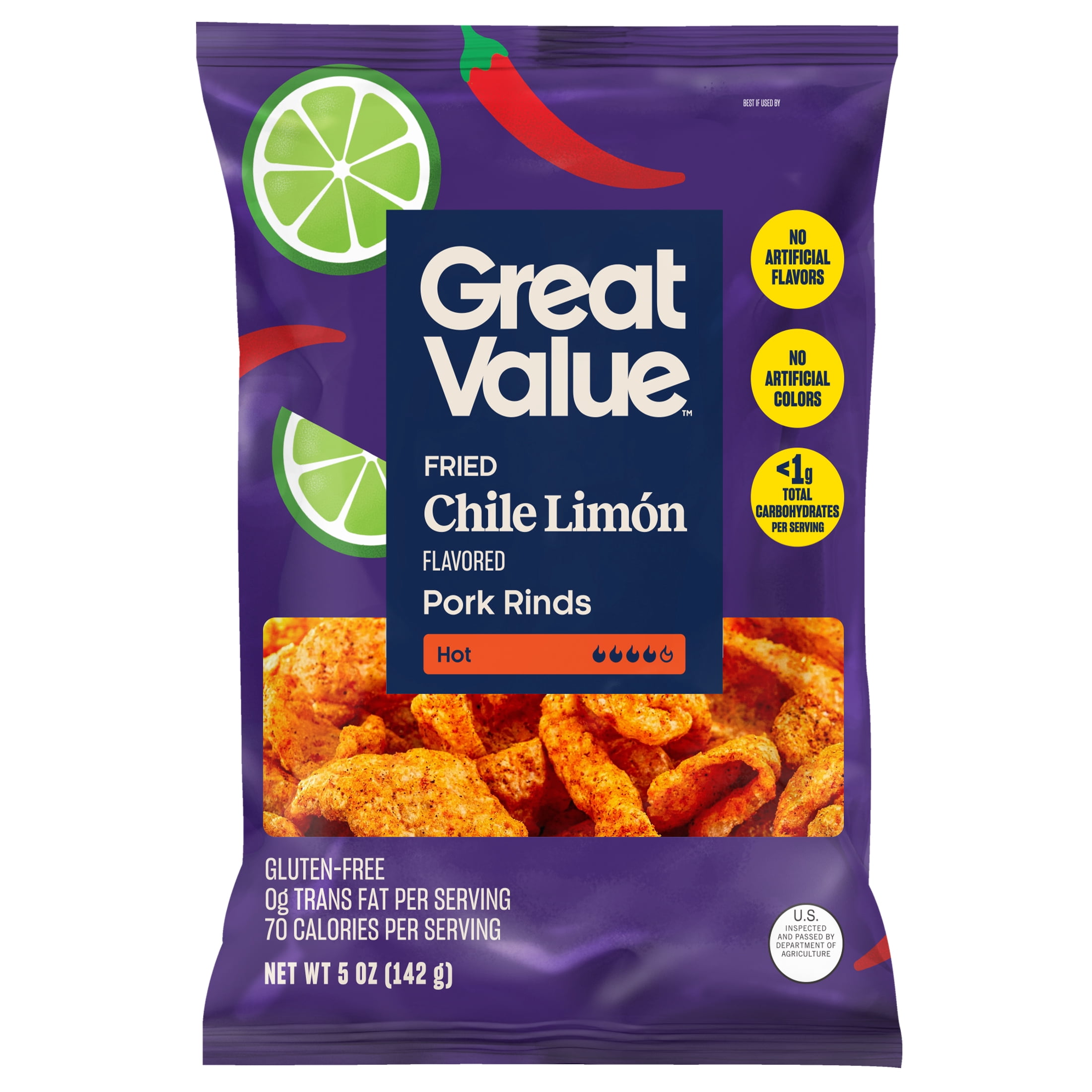 (8 pack) Great Value Chili Limon Flavored Chicharrónes Fried Pork Rinds, 5 oz Bag