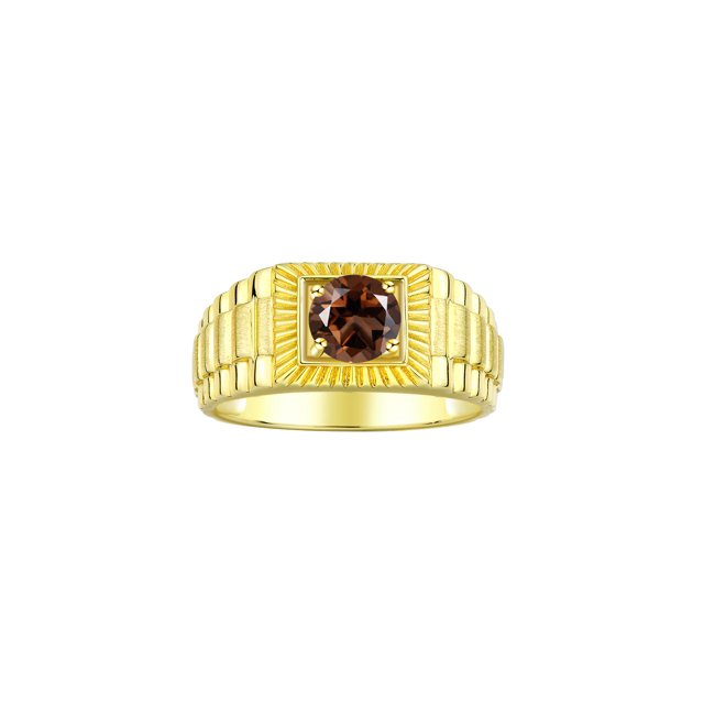 RYLOS Men's Ring Yellow Gold Plated Silver Ring, 7MM Round Shape Gemstone Designer Style Rings Smoky Quartz June Birthstone Rings Silver Size 13