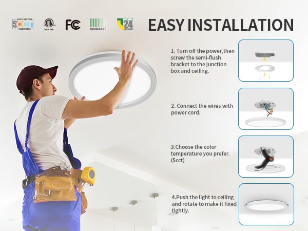 MW 12 Inch LED Flush Mount Night Lights, 24W，1500Lm，2700K-5000K 5CCT, Dimmable,Ceiling Lamp Surface Mount Round Lighting Fixture For Bedroom Living Room，White