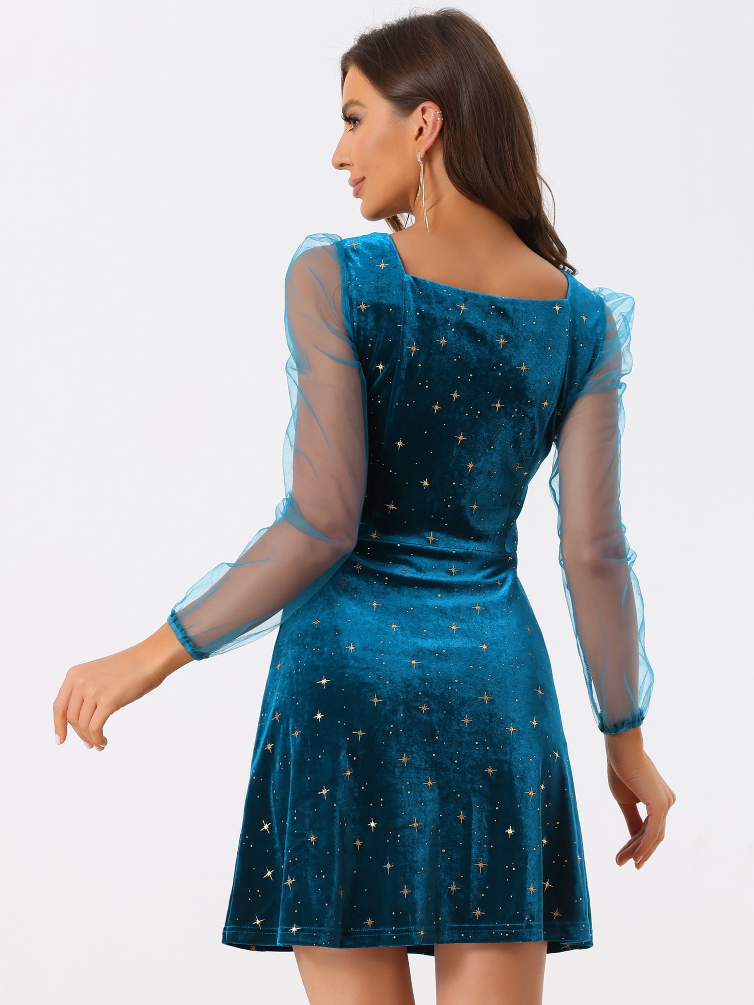 DARING DIVA Square Neck Mesh Sheer Sleeve Glitter Star Velvet Mini Dress L Dark Blue