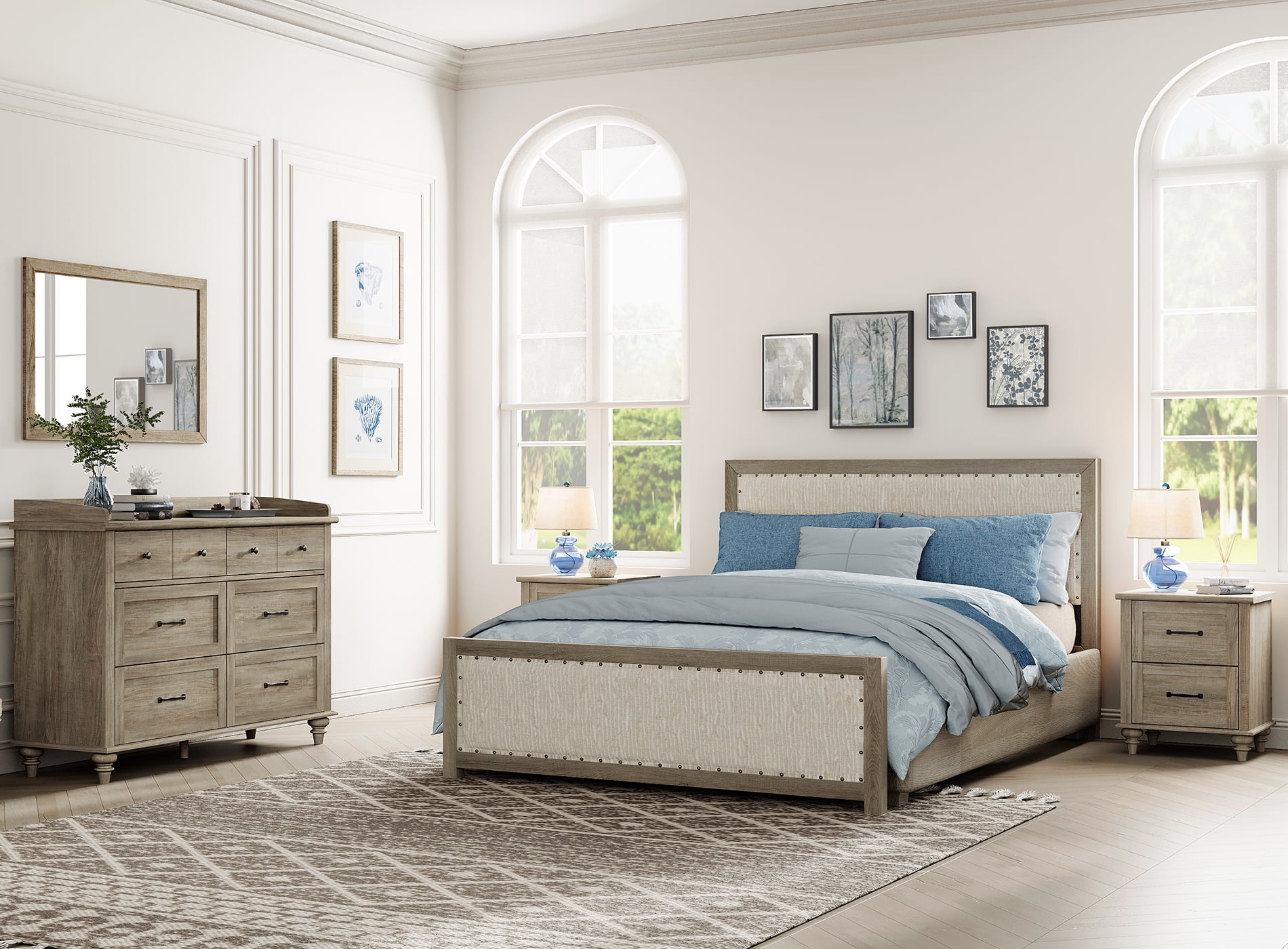 3 Piece Dresser and Nightstand Sets, Farmhouse Dresser with 6 Drawers, Set of 2 Night Stands with Charging Staion, 3 Piece Bedroom Set, Grey