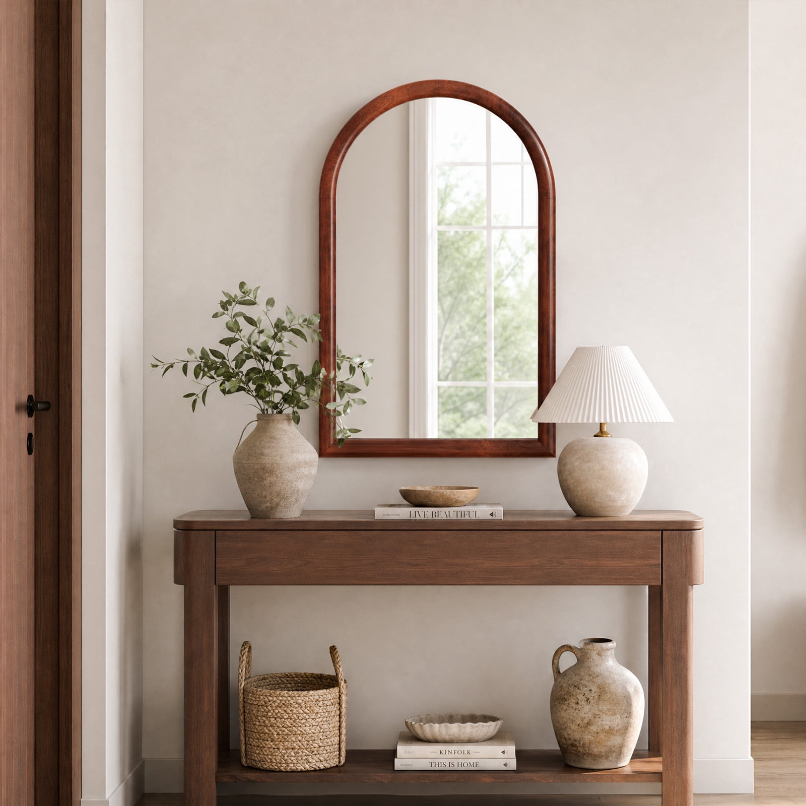 Easy4Home 36" x 24" Arched Bathroom Mirror Wall Decor with Wooden Frame, Walnut
