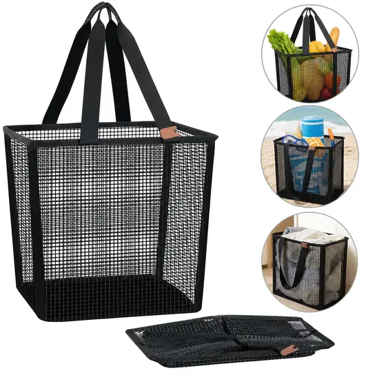 Collapsible Pop-Up Laundry Hamper, Large Foldable Clothes Basket with Long Carry Handles & Bottom Elastic Strap, Breathable Mesh Storage Bin for Bedroom Dorm Laundry Room