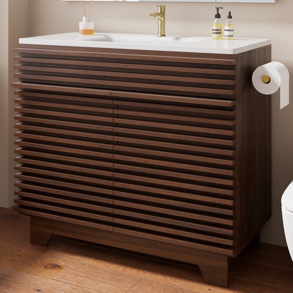 36 Inch Bathroom Vanity with Ceramic Sink, Freestanding Mid-Century Modern Bathroom Storage Vanity Cabinet with Soft-Close Doors, Shelves, Toilet Paper Holder & Towel Hooks, Walnut