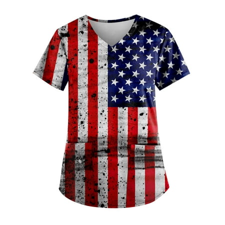 

TQWQT Scrub Tops Women American Flag Printed Short Sleeve Nurse Working Uniform Summer V Neck Holiday Tunic Blouse with Pocket Dark Blue XXXXXL
