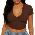 thumbnail image 2 of Staron Women's Crop Top Notched V-Neck Short Sleeve Slim Fit Ribbed Knit Casual Solid Color Tee for Streetwear Brunch Festival, Brown XXL, 2 of 5