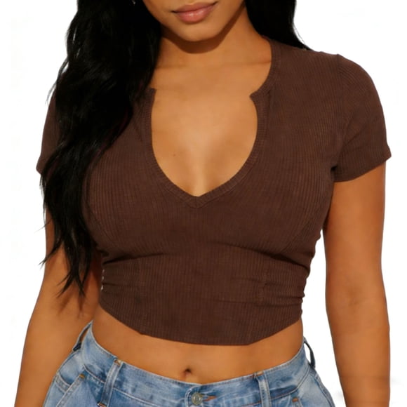 Jienlioq Womens Summer Cute Tops Women V-Neck Short Sleeve Slim Crop Top Casual Solid Color Cropped Tee Brown S