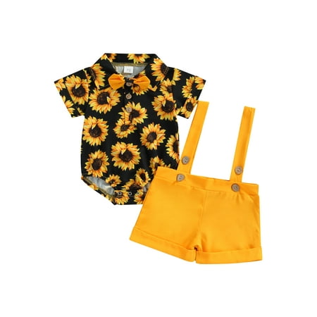 

Binpure Baby Romper Suit Sunflower Neckline Bow Button Romper + Bib Shorts
