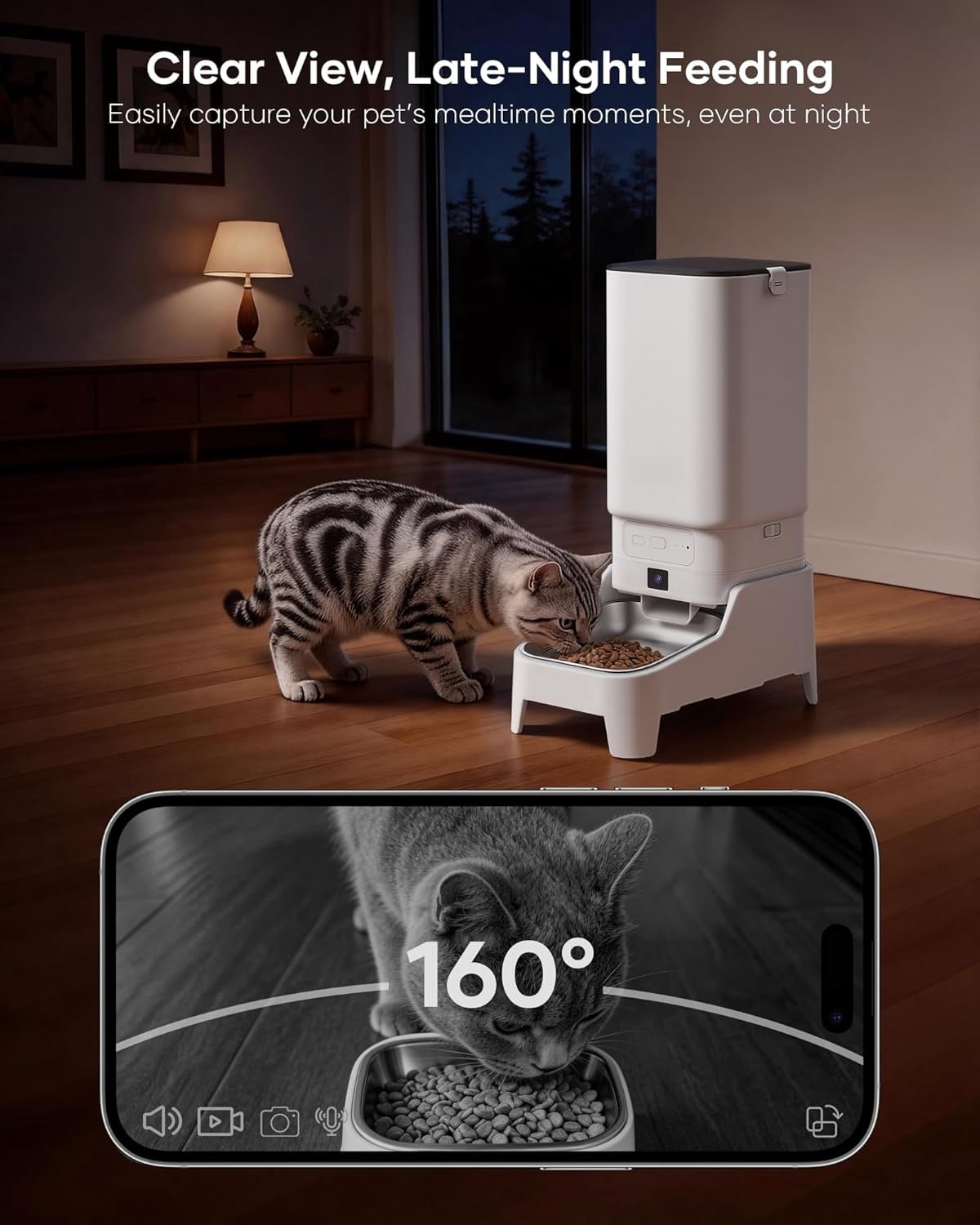 Automatic Cat Feeder with Camera, 7L Large Capacity WiFi Smart Pet Feeder with Elevated Bowl, 1080P Night Vision, 2 Way Audio, Timed Feeding for Cats and Dogs, Easy Control