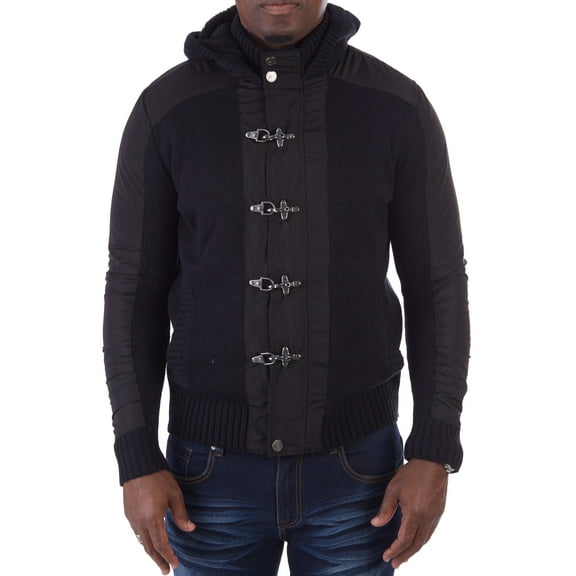 XRAY JEANS Mens Knitted Two-Tone Hoodie Sweater with Metal Toggle and Sherpa Lined Hood Black