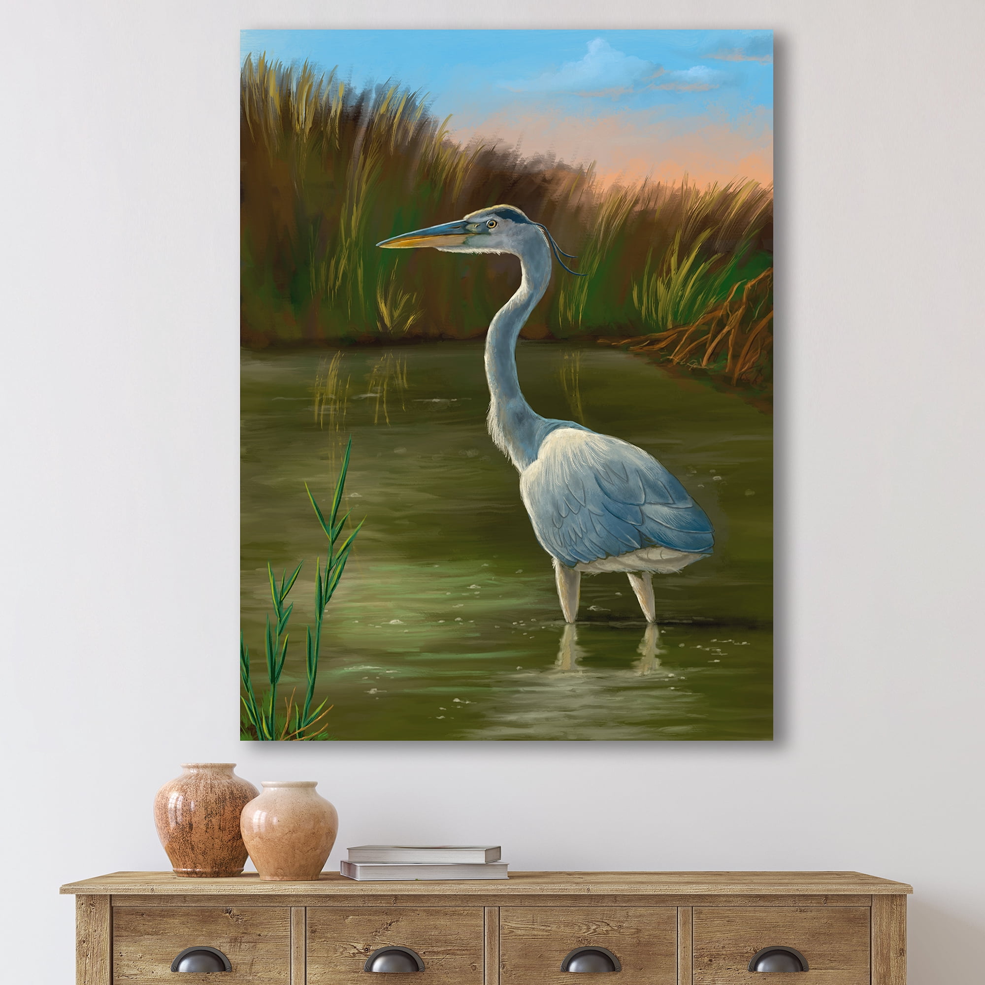 Designart ' Blue Heron Wetland Bird on The Lake Shore ' Traditional Canvas Wall Art Print