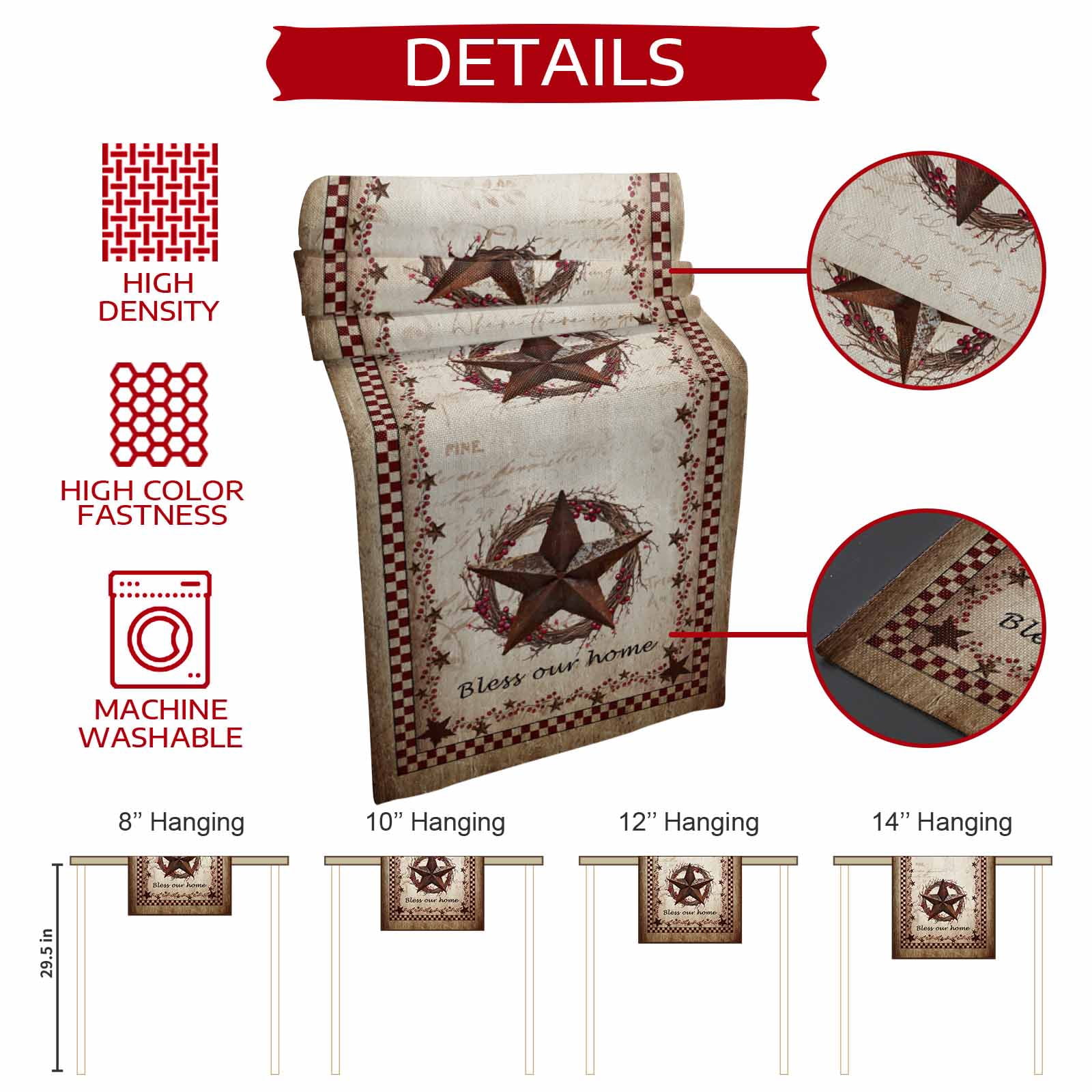 Table Runners 72 Inches Long Dress Scarves, Western Star Retro Farmhouse Kitchen Table Runner, Coffee Tablerunners, Country Texas Stars Res Buffalo Plaid 14x72 Inch