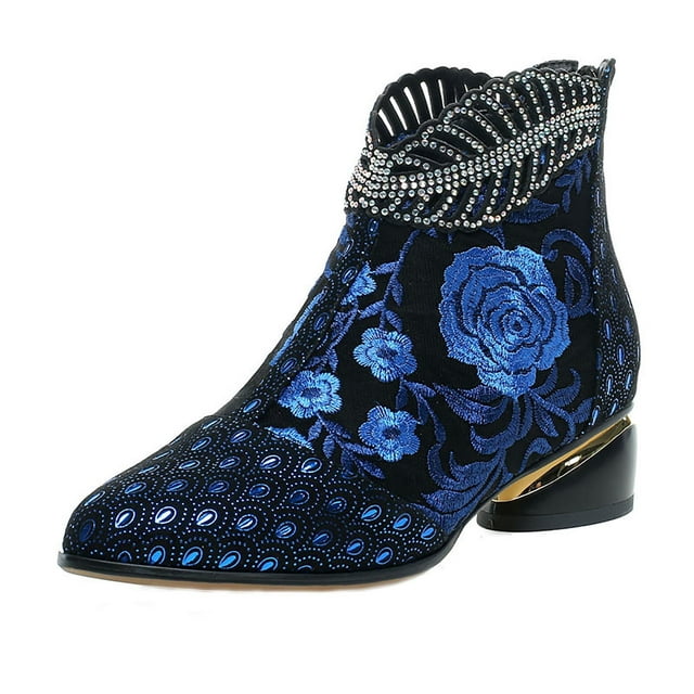 jsaierl Bottes pour Femmes Rétro Brodées Strass Talon Épais Chaussures Bottes Grande Taille