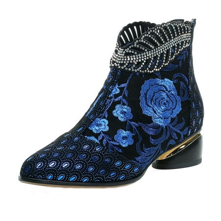 

Dezsed Women s Rhinestone Ankle Boots Clearance Women Boots Retro Embroidered Rhinestone Thick Heel Shoes Boots Plus Size Boots Blue