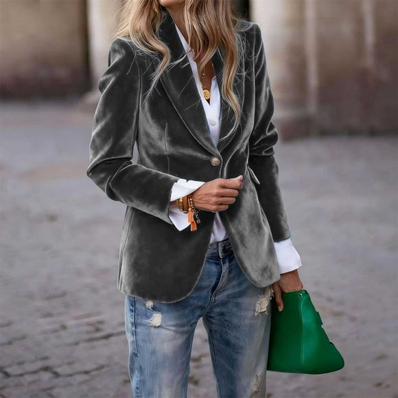 Women's Matte Velvet Blazer, Solid Color Suit Jacket with Subtle Sheen, Elegant Notch Lapel Work Coat, Fall Winter Office Wear, Sophisticated Velvet Finish Outerwear Light Ashy L