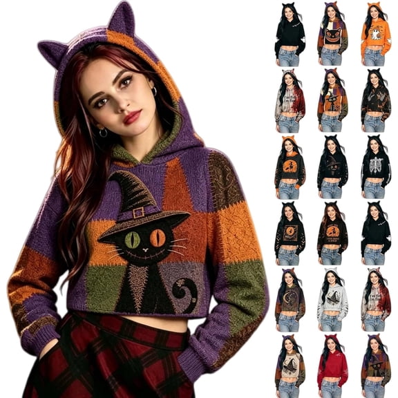 Halloween Sweatshirts for Women Cropped Hoodie with Cat Ear Witch Color Block Black Cat Top Party Cosplay
