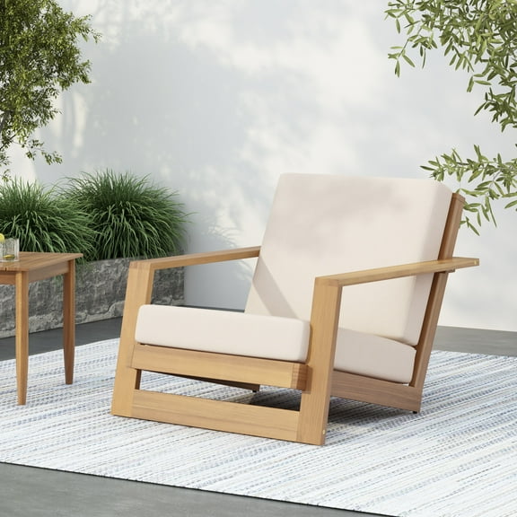 Christopher Knight Home Outdoor Lounge Chair, Solid Wood Armchair with Angled Backrest, Beige Cushion, Teak Finish