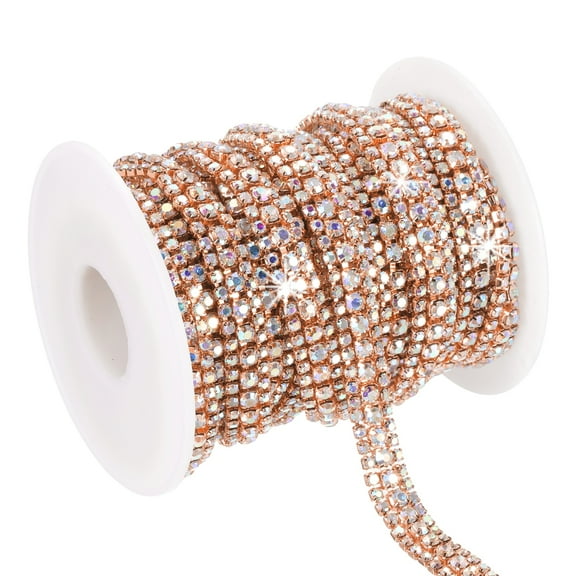 Uxcell 6 Yards Rhinestone Chain Roll, 3 Rows Crystal Close Chain Bling Trim, Rose Gold/AB Colorful