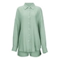 thumbnail image 6 of JIAYUE Women 2 Piece Outfits Sets Solid Color Lapel Long Sleeve Casual Linen Blend Poplin Shirt And Shorts Button Ladies Stylish Clothing Set, 6 of 7