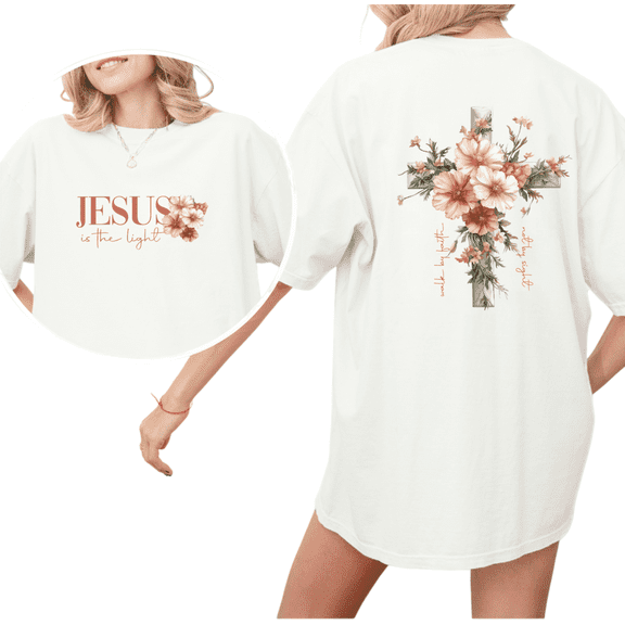 White Print Tshirt Cotton Graphic Tees Shirts Floral Cross JESUS is the light walk by faith Top for Christian Personal Devotion Moment Wear S-5XL Plain Tops