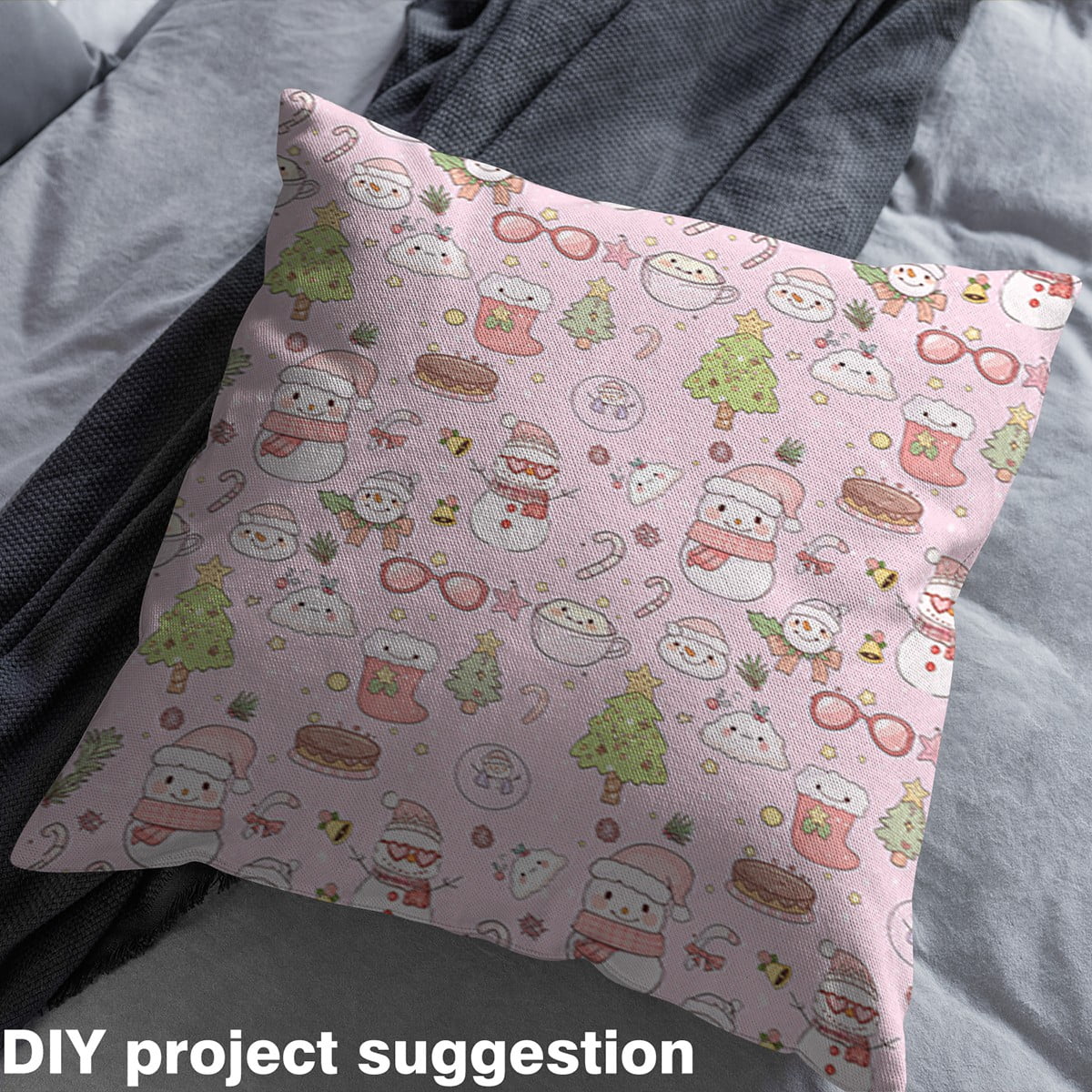 Homewish Teens Kawaii Snowman 01, Green Christmas Tree Room Decor Fabric by the Yard, Cute Cartoon Theme Sewing Fabric, Lightweight Room Decor