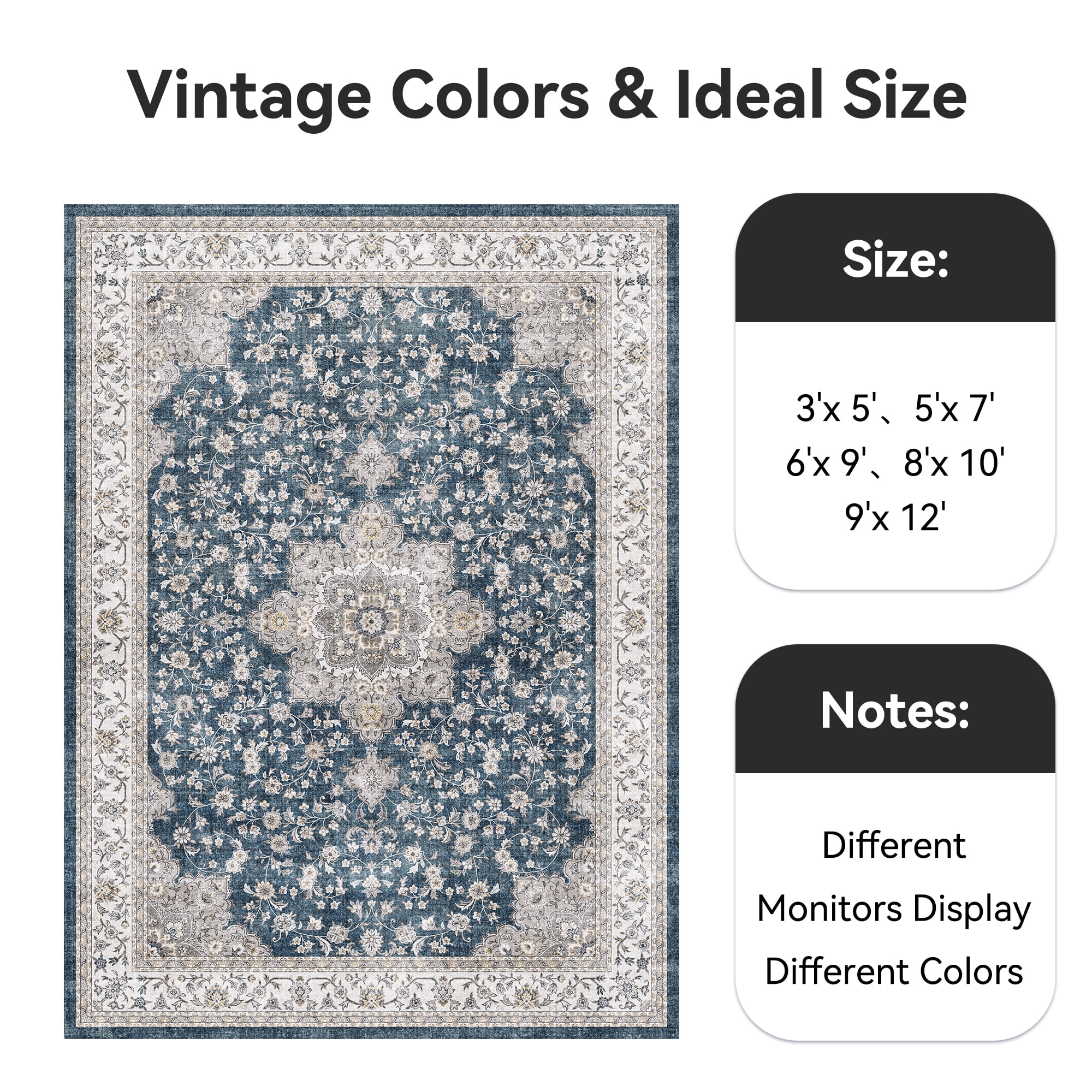 SIXHOME 5x7 Feet Washable Non-Slip Area Rug - Traditional Distressed Vintage Blue Rug with Retro Floral Design, Ultra-Soft Indoor Carpet for Living Room, Bedroom, Dining Room