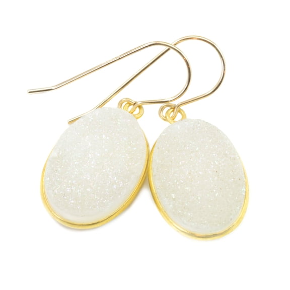 Drusy Earrings 14k Gold Filled Large Oval Drops White Iridescent Druzy Sparkle Bezel Setting French Hook Earwires Spyglass Designs