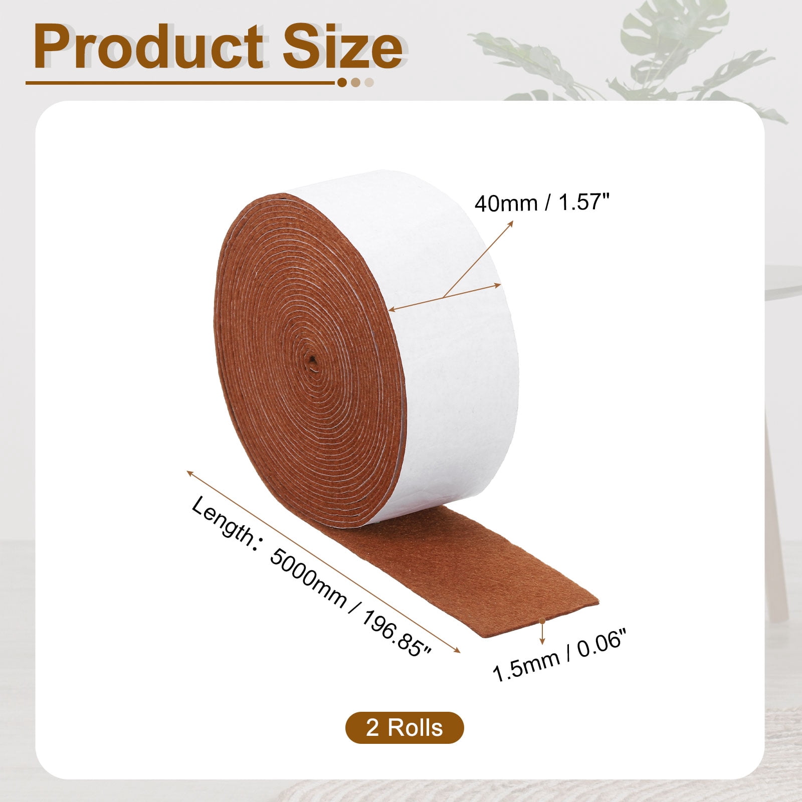 Felt Strips with Adhesive Backing, 2 Pack 1-4/7" x 197" x 0.06" Adhesive Felt Strips Anti Scratch Furniture Felt Tapes Self-Stick Felt Pads for Protecting Hardwood Floor, Brown