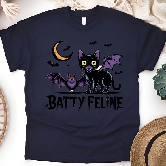 Women's Short Sleeve Graphic T-Shirt, Black Cat with Bat Wings, Batty Feline Print , Navy, Size M