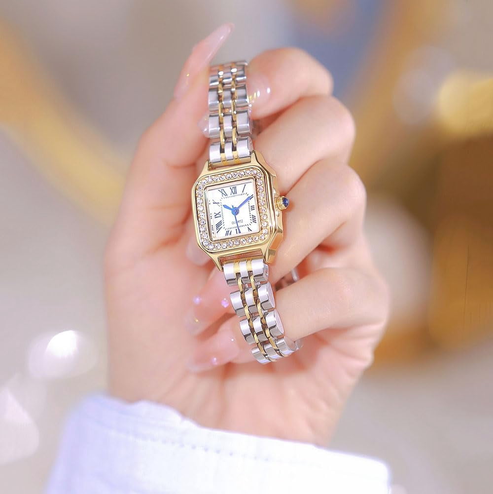 Gold Watches for Women Dainty Square Vintage Watches Luxury Ladies Diamond Accent Dress Stainless Steel Bracelet Watch Analog Quartz Waterproof Watch