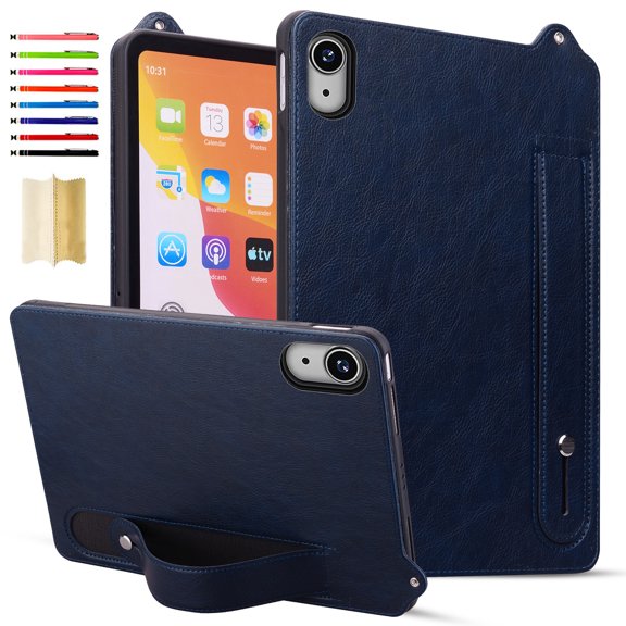Case with Stand for iPad Mini 7 2024 (A17 Pro) & Mini 6 2021 (A2567, A2568, A2569) - Durable PU Leather Cover with Auto Sleep Wake, Card Slot, Hand Strap Feature For iPad mini6/mini7,Blue