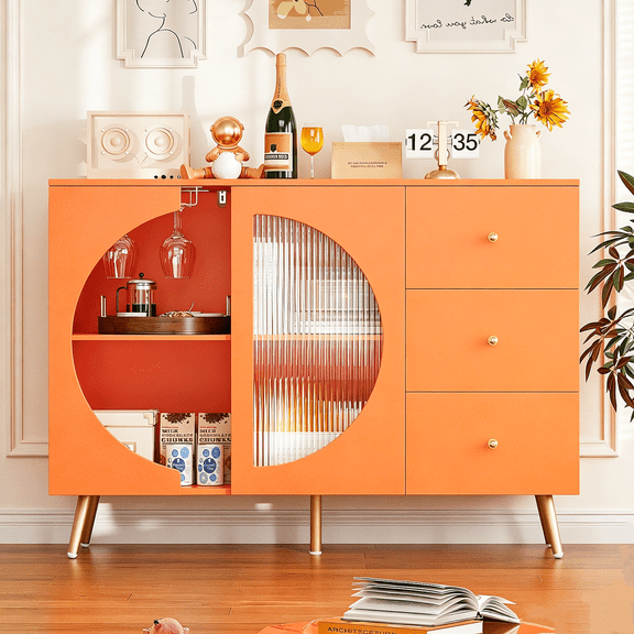 Homfa Coffee Bar Cabinet with 3 Drawers & Glass Door, Modern Buffet Sideboard Bar Table for Dining Room, Orange