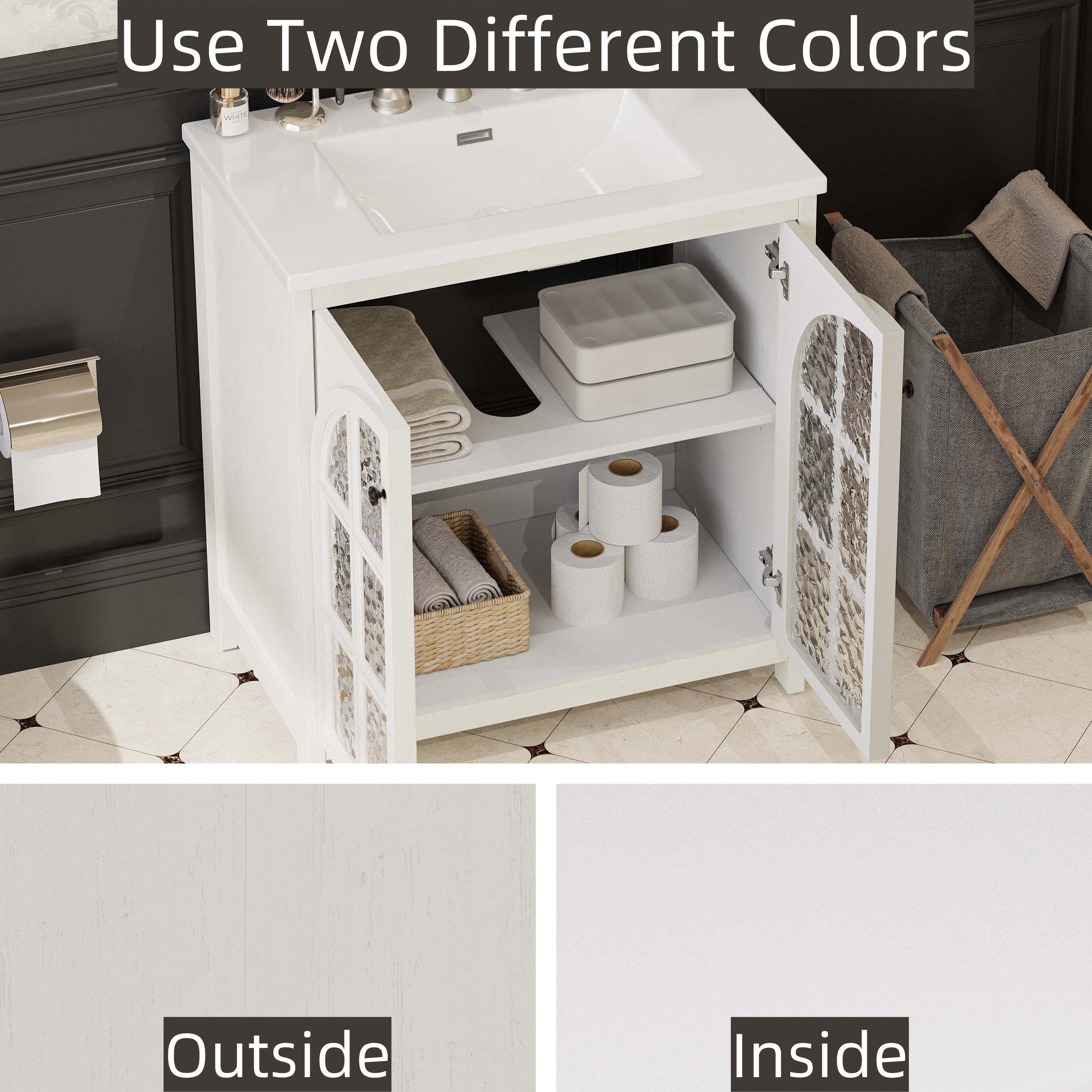 Euroco 31" Farmhouse Bathroom Vanity with Ceramic Sink, Vintage Rustic Bathroom Cabinet with Bronze Pulls and 2 Soft-Closing Doors, Antique White
