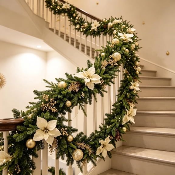 6FT Christmas Garland, Artificial Pine Garland with White Poinsettias, Gold Ornaments and Pinecones, Pre-Decorated Holiday Mantel and Door Decor