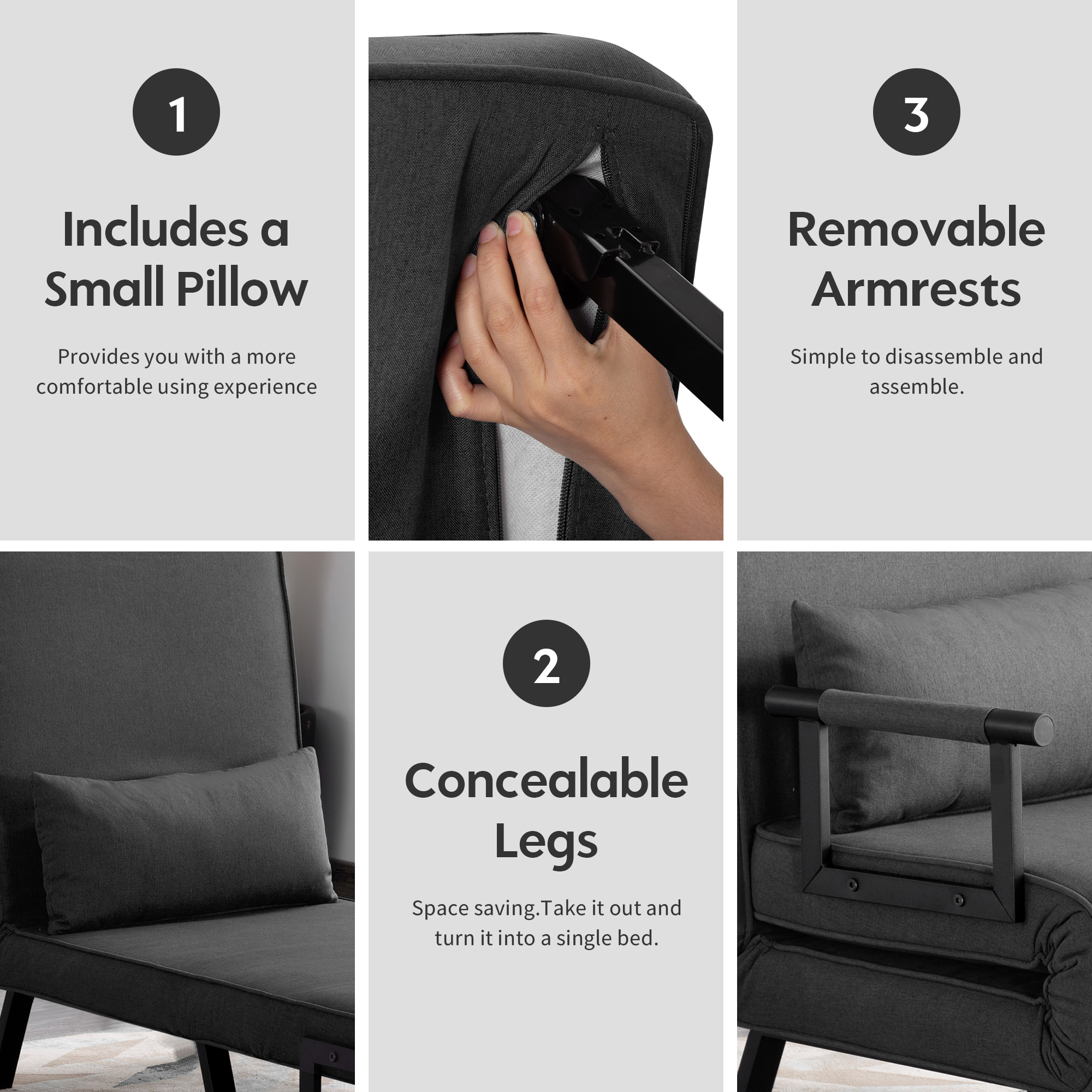 Aukfa Comfy Mini Sofa Adjustable Backrest Chaise Lounger Convertible Sofa Chair Bed w/ &Pillow, Black