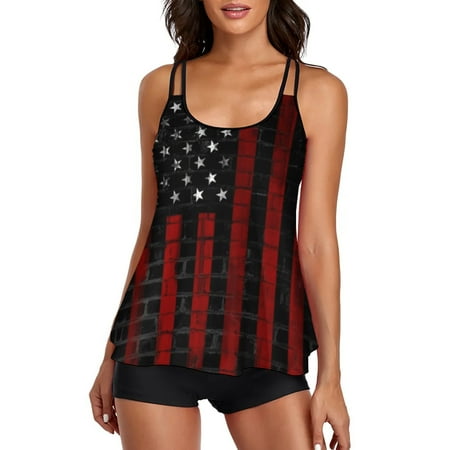 Zhden Tankini Swimsuits for Women Full Coverage Tummy Control Swimsuit Independence Day 4th of July Tankini Swimsuits with Shortsï¼ 3XLï¼