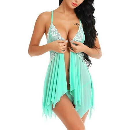 

Cotonie Lingerie for Women Front Closure Babydoll Lace V Neck Mesh Sleepwear Lingerie